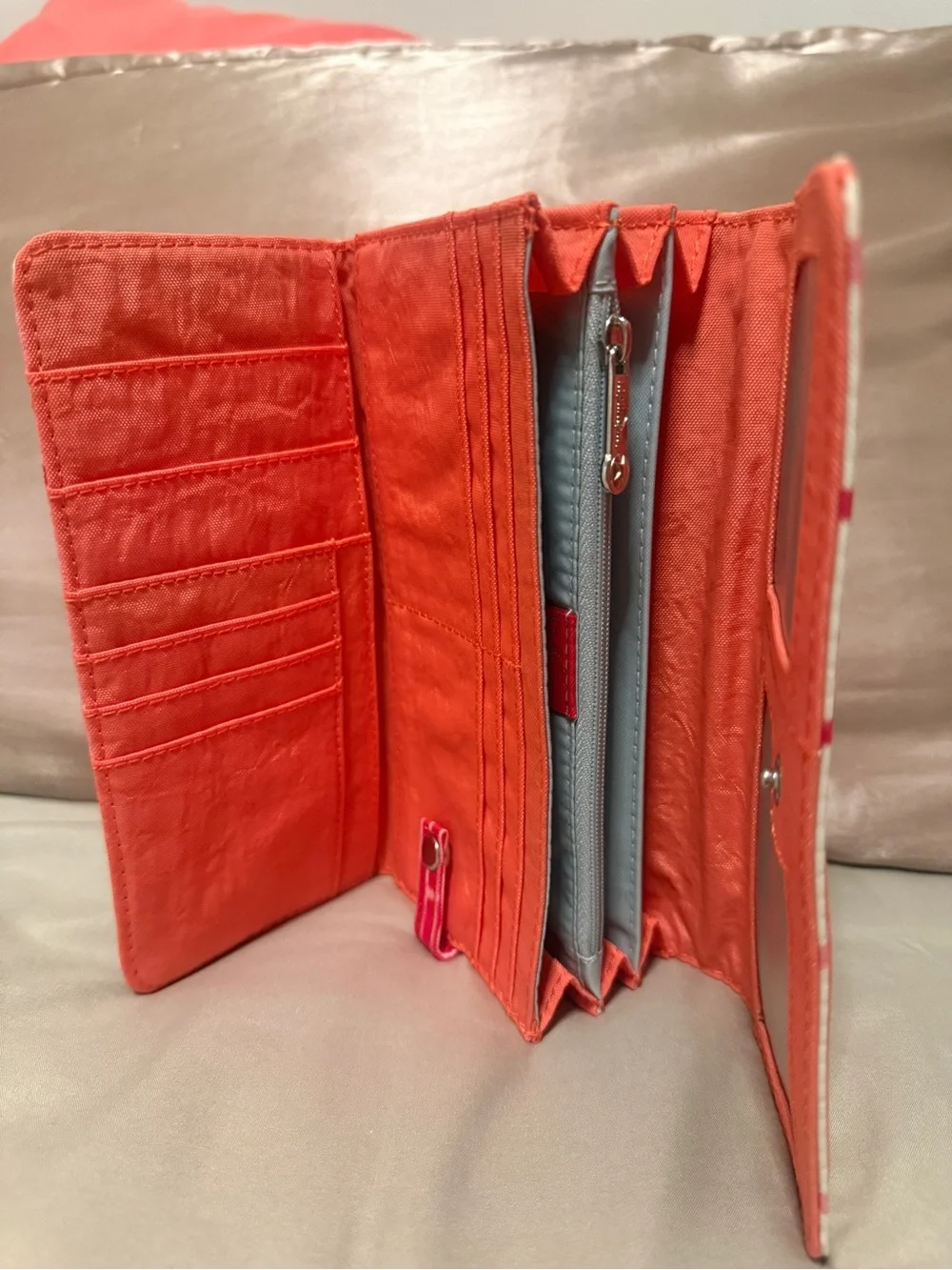 Kipling Pink and Red Plaid Fold-Over Wallet